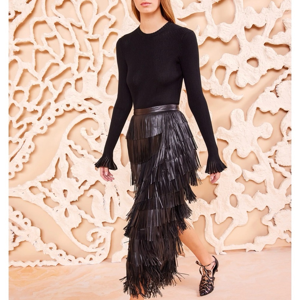 Ulla Johnson Black Leather Fringe Therese Midi Skirt